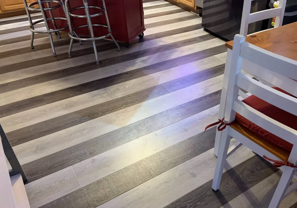 Kitchen with striped grey vinyl plank flooring