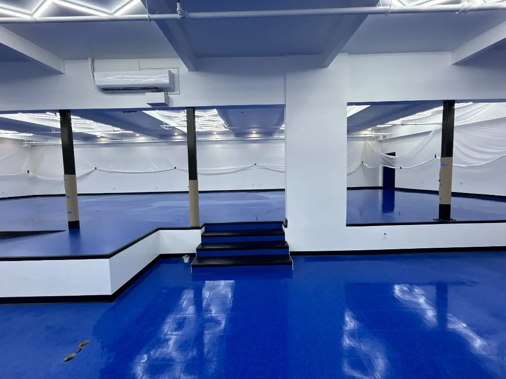 Blue vinyl tile floor with raised platform and steps